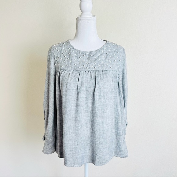 Zara Basic Grey Pearl Embellished Long Sleeve Blouse - Picture 1 of 15